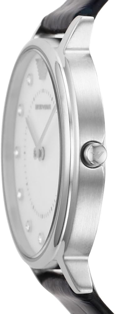 Emporio Armani Reloj de mujer, movimiento de dos manecillas, caja de acero inoxidable plateado de 32 mm con correa de piel, AR11095, Azul marino y blanco roto
