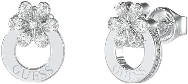 Guess Pendientes Lily Plateados – Argollas de Acero con Flor de Lirio en Cristales Blancos