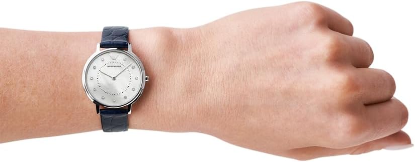 Emporio Armani Reloj de mujer, movimiento de dos manecillas, caja de acero inoxidable plateado de 32 mm con correa de piel, AR11095, Azul marino y blanco roto