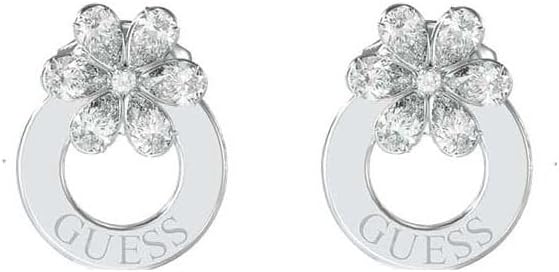 Guess Pendientes Lily Plateados – Argollas de Acero con Flor de Lirio en Cristales Blancos