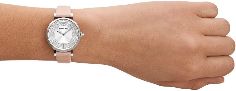 Emporio Armani Reloj de mujer Movimiento de cuarzo/2 agujas Caja de 32 mm con correa de piel AR11543, Rosa claro y purpurina
