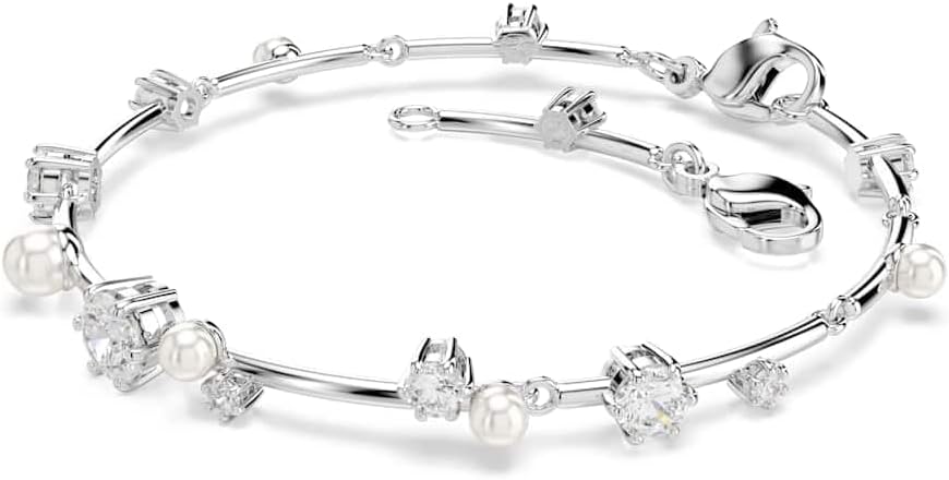 Swarovski Pulsera Tennis Constella Crystal Pearl, Tallas redondas, Blanca, Baño de rodio
