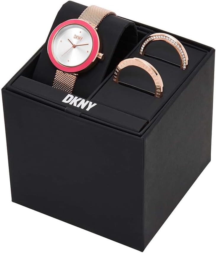 DKNY Reloj para mujer Sasha, movimiento de cuarzo de tres manecillas, caja de acero inoxidable dorado rosa de 29 mm con correa de acero, NY6654SET