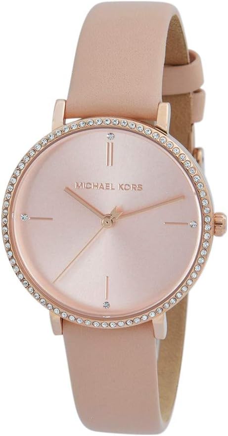 Michael Kors Reloj de Pulsera para Mujer, Caja de 32 mm de aleación en Oro Rosa, Correa de Cuero Rosa MK7113
