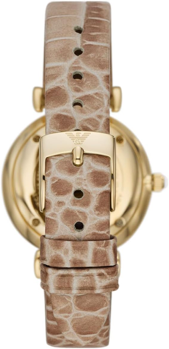 Emporio Armani Reloj de mujer, movimiento de dos manecillas, caja de acero inoxidable dorado de 32MM con correa de piel, AR11518, Bronceado y tono dorado