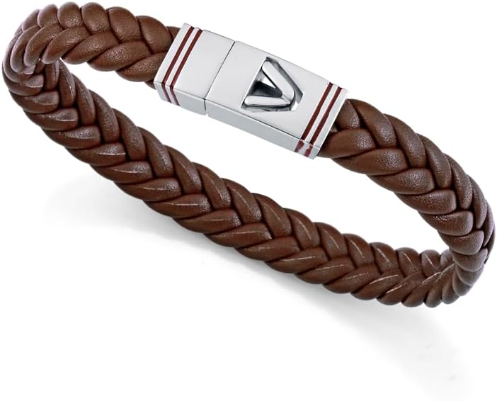 Viceroy Fashion 14330P01011 – Pulsera Hombre Piel Trenzada Marrón y Acero Inoxidable, Cierre Imantado