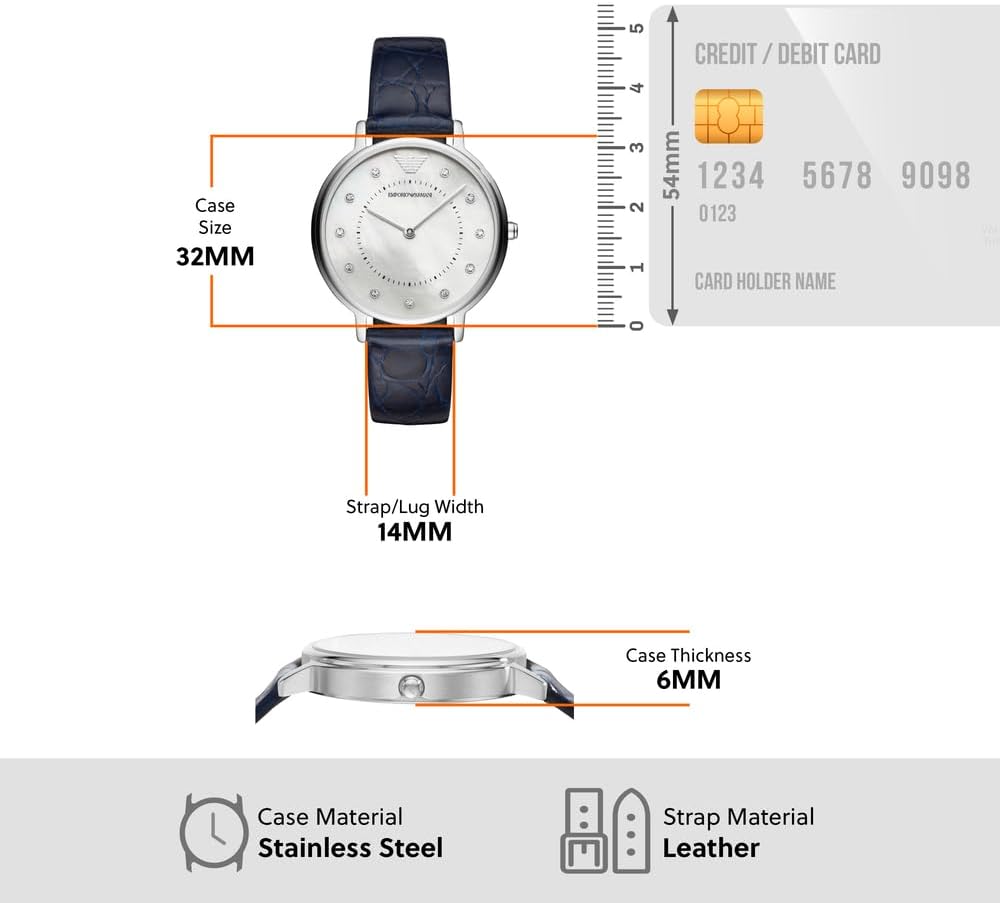 Emporio Armani Reloj de mujer, movimiento de dos manecillas, caja de acero inoxidable plateado de 32 mm con correa de piel, AR11095, Azul marino y blanco roto