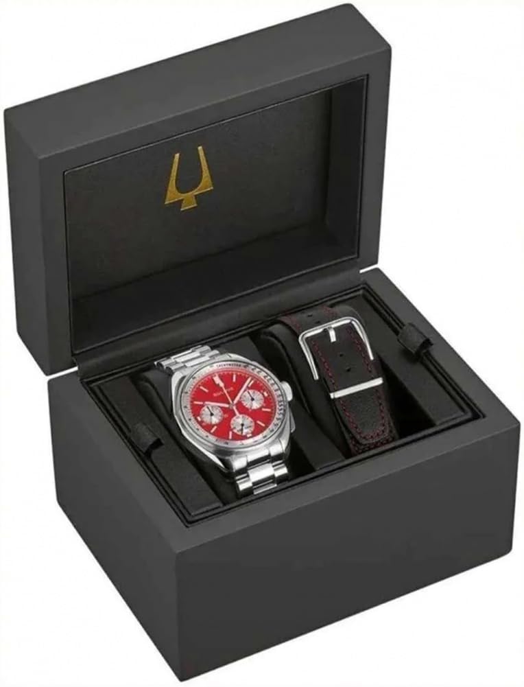 Bulova Reloj de Cuarzo Lunar Pilot de 43,5 mm con cronógrafo, Calendario, Correa de Acero Inoxidable y Correa Adicional Intercambiable de Cuero Negro