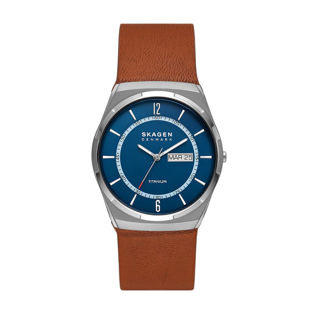 Skagen Melbye Titanium Reloj para Hombre, Movimiento de Cuarzo a Tres Agujas con Correa de Acero o Piel