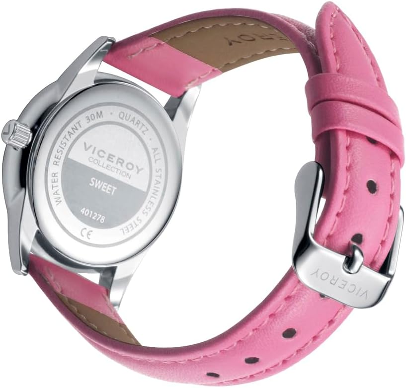 Viceroy Reloj Fashion Niña Comunión 401278-04 – Caja de Acero, Correa de Piel Rosa, Movimiento de Cuarzo, Pulsera de Plata con Cordón Rosa de Regalo