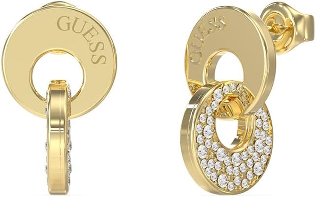Guess Pendientes Blooming Summer Dorados – Colgantes con Doble Eslabón Circular y Cristales Pavé Blancos