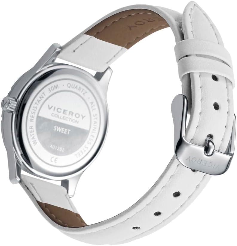 Viceroy Reloj Fashion Niña Comunión 401282-04 – Caja de Acero, Correa de Piel Blanca, Movimiento de Cuarzo, Pulsera de Plata con Cordón Rosa de Regalo