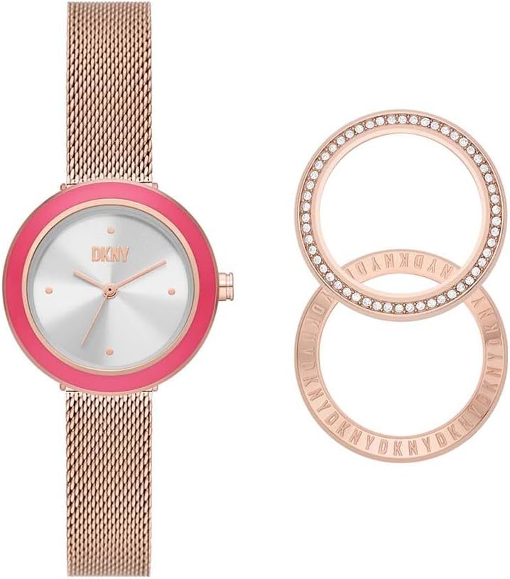 DKNY Reloj para mujer Sasha, movimiento de cuarzo de tres manecillas, caja de acero inoxidable dorado rosa de 29 mm con correa de acero, NY6654SET