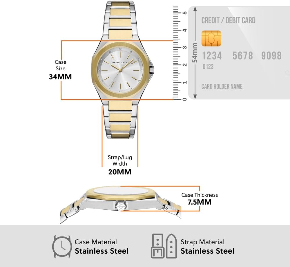 Armani Exchange Orologio da Donna, Movimento al quarzo a tre lancette e cassa da 34 mm con cinturino in Acciaio o Pelle