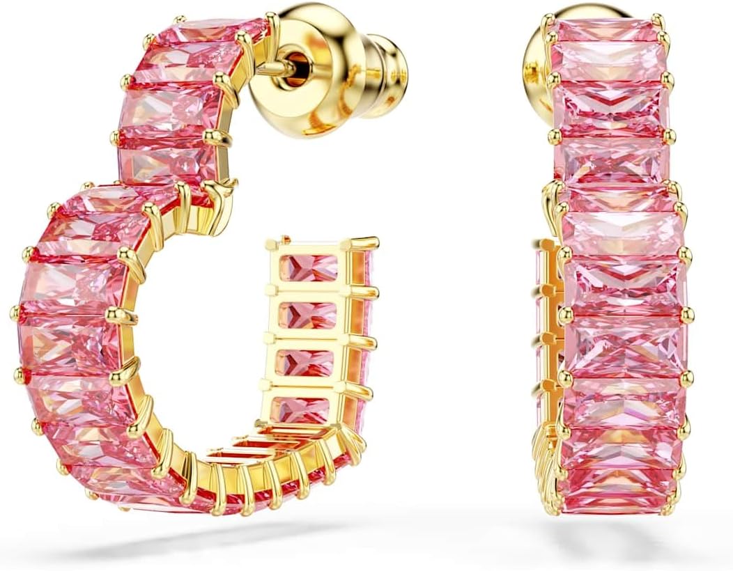 Swarovski Pendientes de aro Matrix, Talla baguette, Corazón, Pequeños, Rosas, Baño tono oro