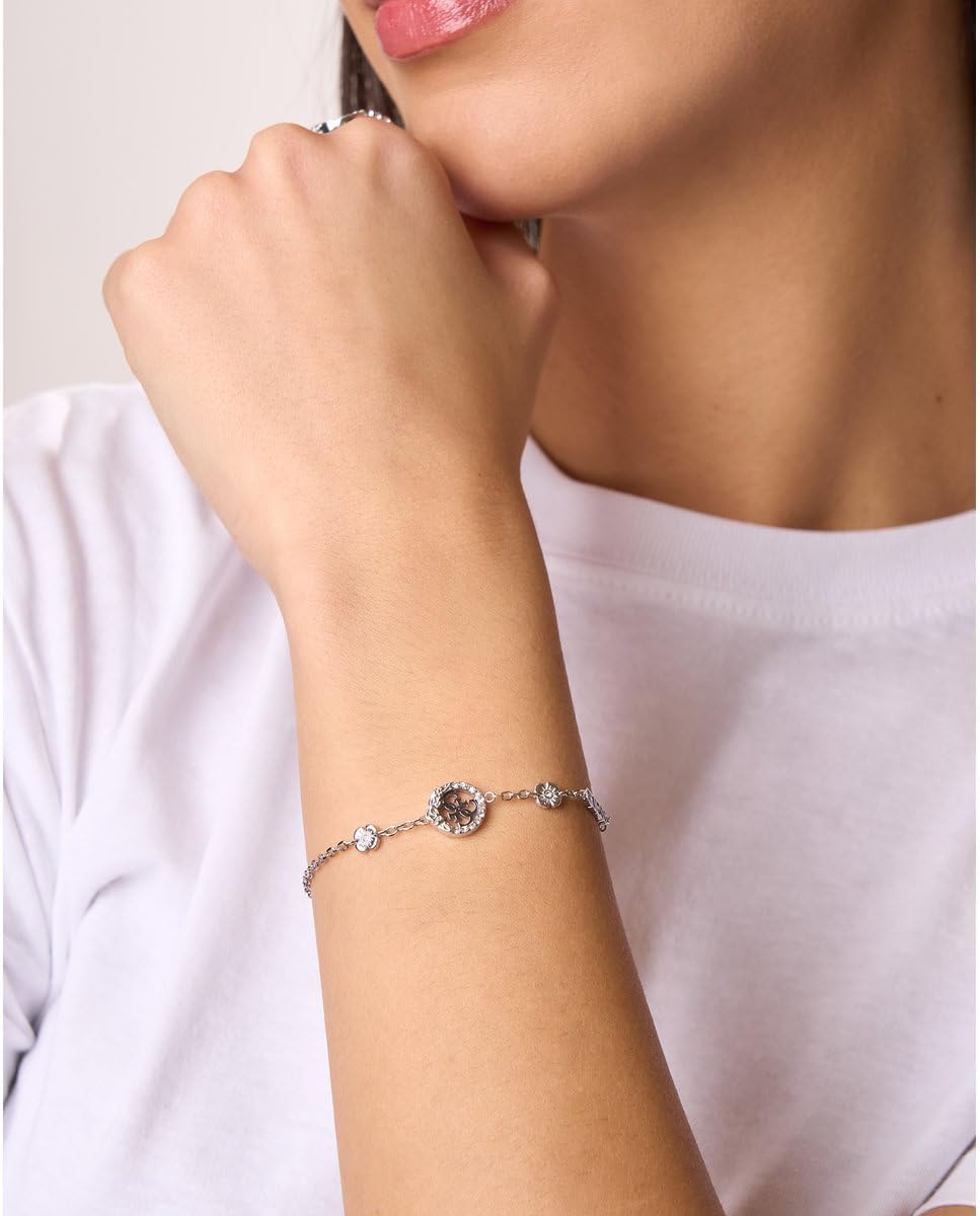 GUESS Pulsera 4 Love Plateada – Brazalete de Acero con Logo 4G, Flores y Cristales Blancos