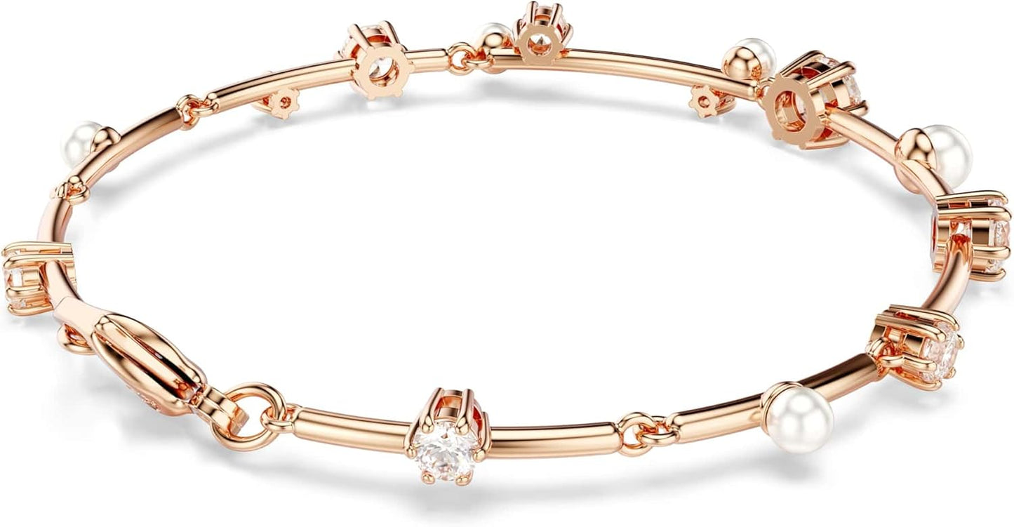 Swarovski Pulsera Tennis Constella Crystal Pearl, Tallas redondas, Blanca, Baño tono oro rosa
