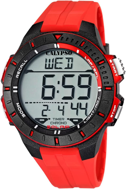 CALYPSO Reloj Digital Hombre K5607 - Resistente al Agua 10 ATM Fecha y Calendario, Cronógrafo, Doble Horario, Luz, Alarma, 12 y 24 Horas - Correa de Caucho - Color Splash