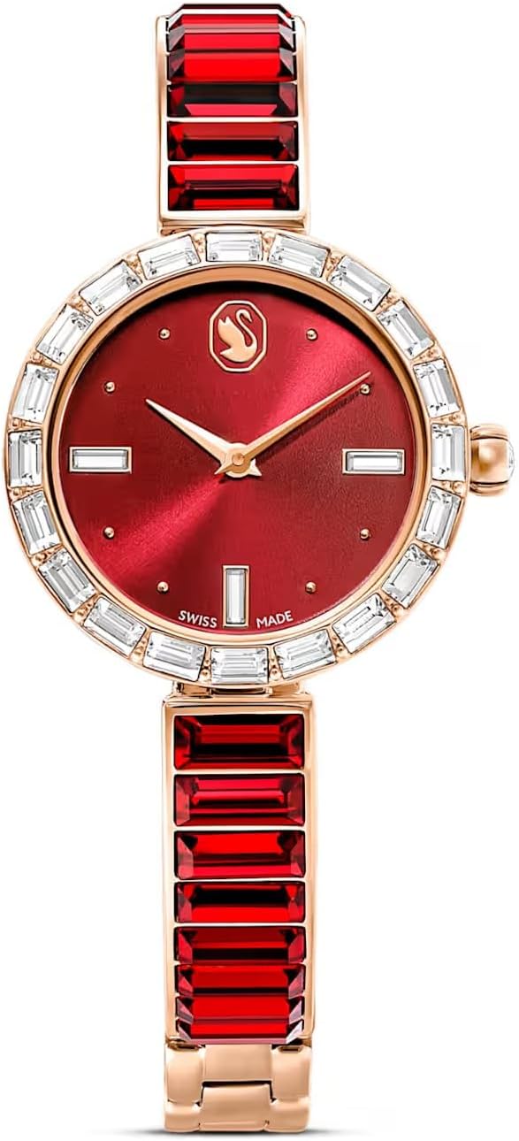 Swarovski Reloj Matrix Bangle 5690811 Fabricado en Suiza, Pulsera de Cristal, Rojo, Acabado Tono Oro Rosa