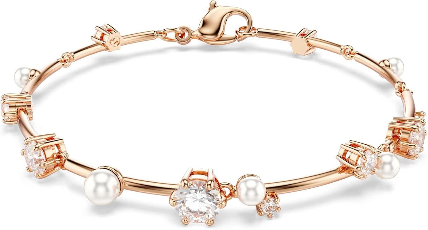 Swarovski Pulsera Tennis Constella Crystal Pearl, Tallas redondas, Blanca, Baño tono oro rosa
