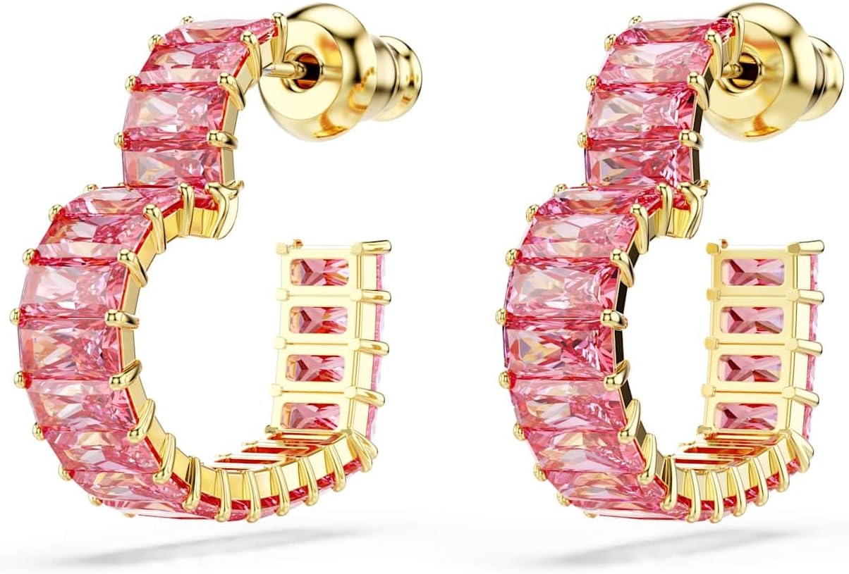Swarovski Pendientes de aro Matrix, Talla baguette, Corazón, Pequeños, Rosas, Baño tono oro