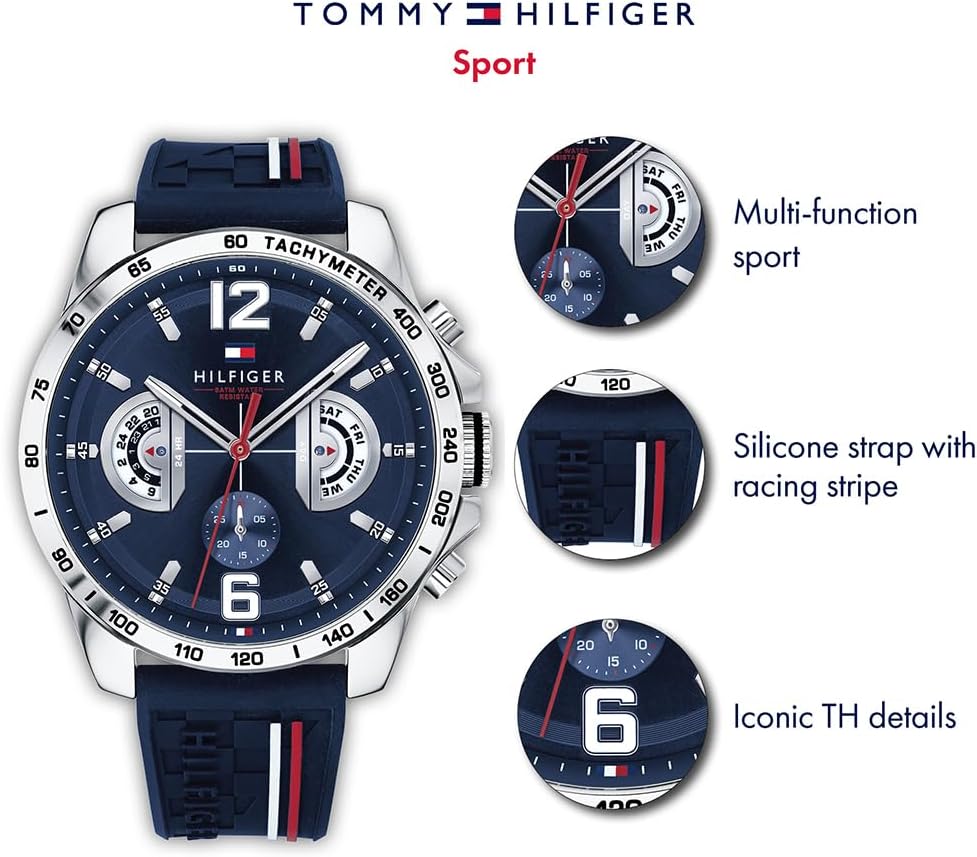 Tommy Hilfiger Reloj Analógico Multifuncional de Cuarzo para Hombres con Correa de Silicona, Acero Inoxidable o Cuero, Subesferas para Día y Fecha, Resistente al Agua hasta 5ATM.