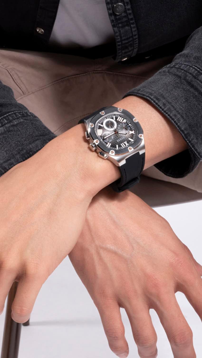 Guess Men's 42mm Watch - Black Strap Gunmetal Dial Silver Tone Case