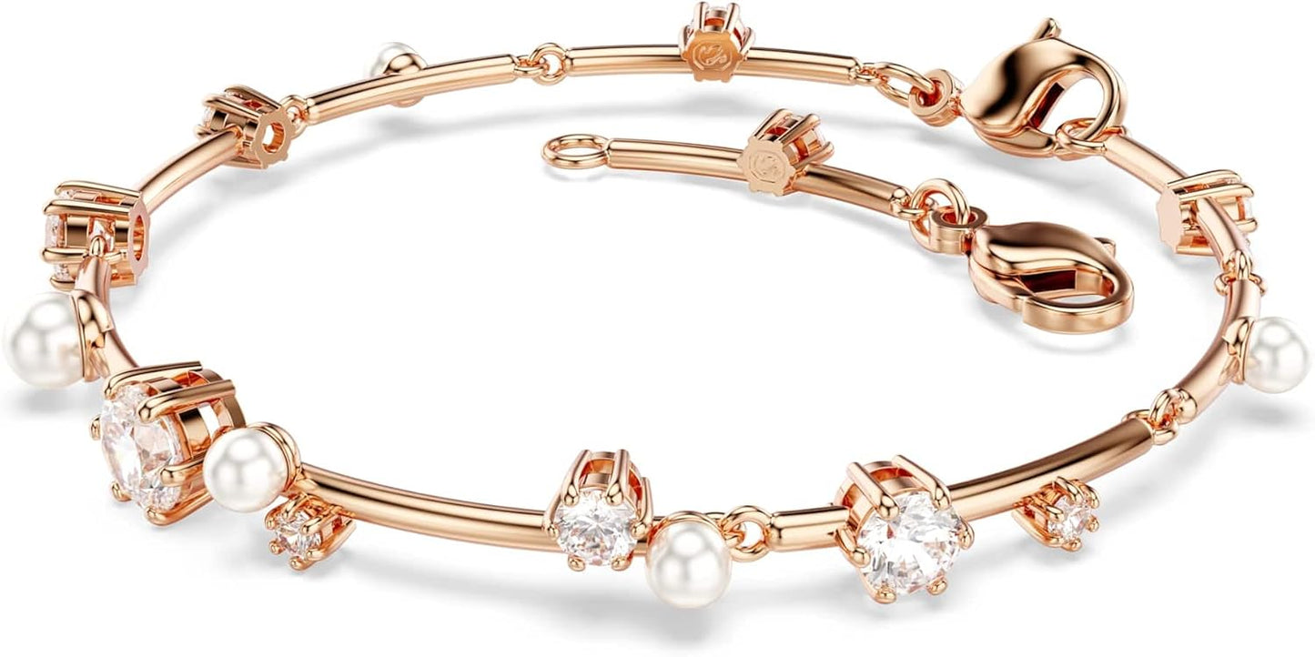 Swarovski Pulsera Tennis Constella Crystal Pearl, Tallas redondas, Blanca, Baño tono oro rosa