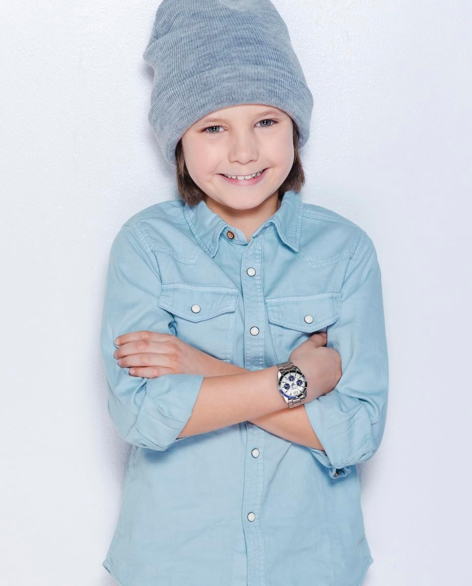 Viceroy Reloj Fashion Niño Comunión 401429-04 – Caja de Acero con Bisel de Aluminio y Brazalete de Acero, Pulsera de Acero y Piel Azul de Regalo
