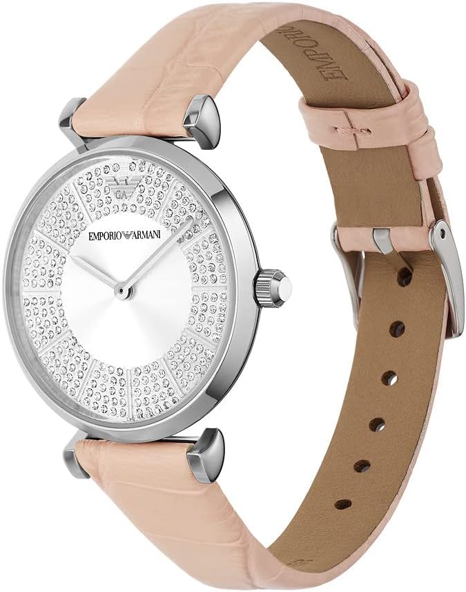 Emporio Armani Reloj de mujer Movimiento de cuarzo/2 agujas Caja de 32 mm con correa de piel AR11543, Rosa claro y purpurina