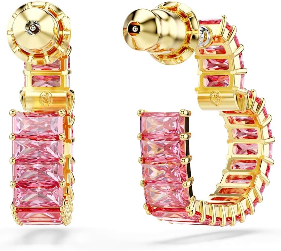 Swarovski Pendientes de aro Matrix, Talla baguette, Corazón, Pequeños, Rosas, Baño tono oro