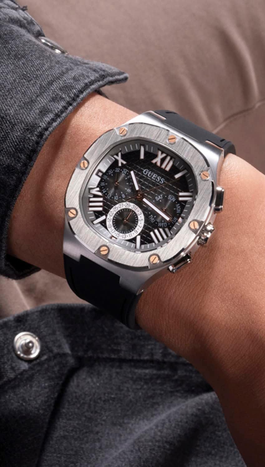 Guess Men's 42mm Watch - Black Strap Gunmetal Dial Silver Tone Case