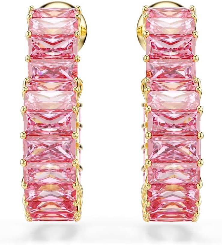 Swarovski Pendientes de aro Matrix, Talla baguette, Corazón, Pequeños, Rosas, Baño tono oro