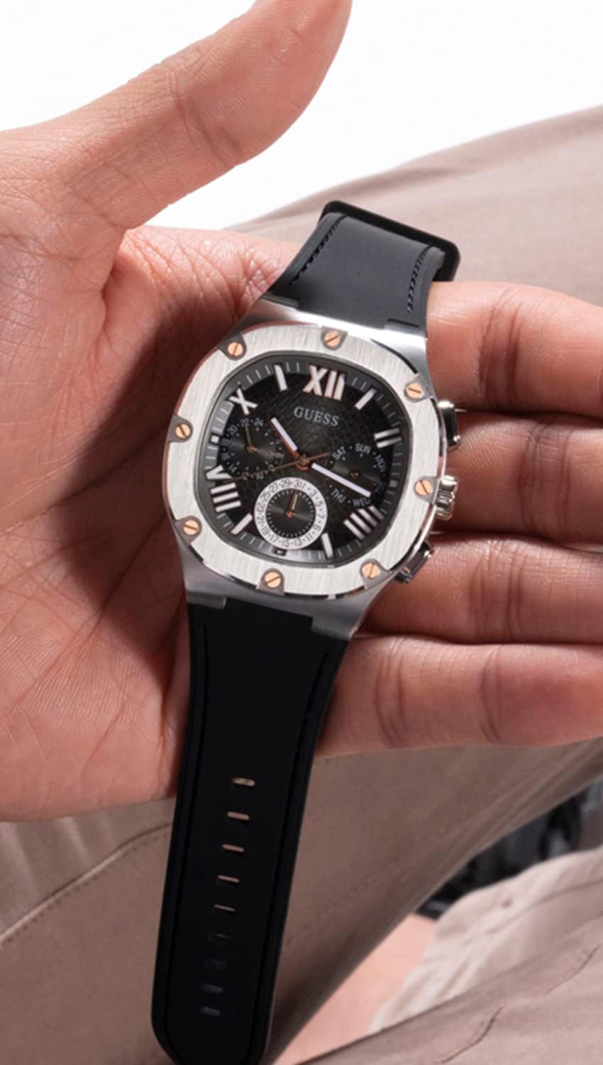Guess Men's 42mm Watch - Black Strap Gunmetal Dial Silver Tone Case