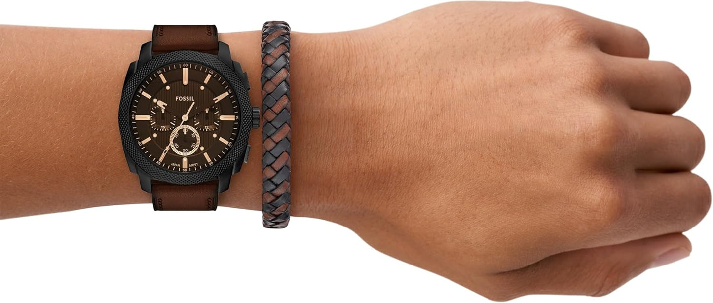 Fossil Reloj cronógrafo de acero inoxidable para hombre, Juego de regalo de cuero marrón/negro, 44mm