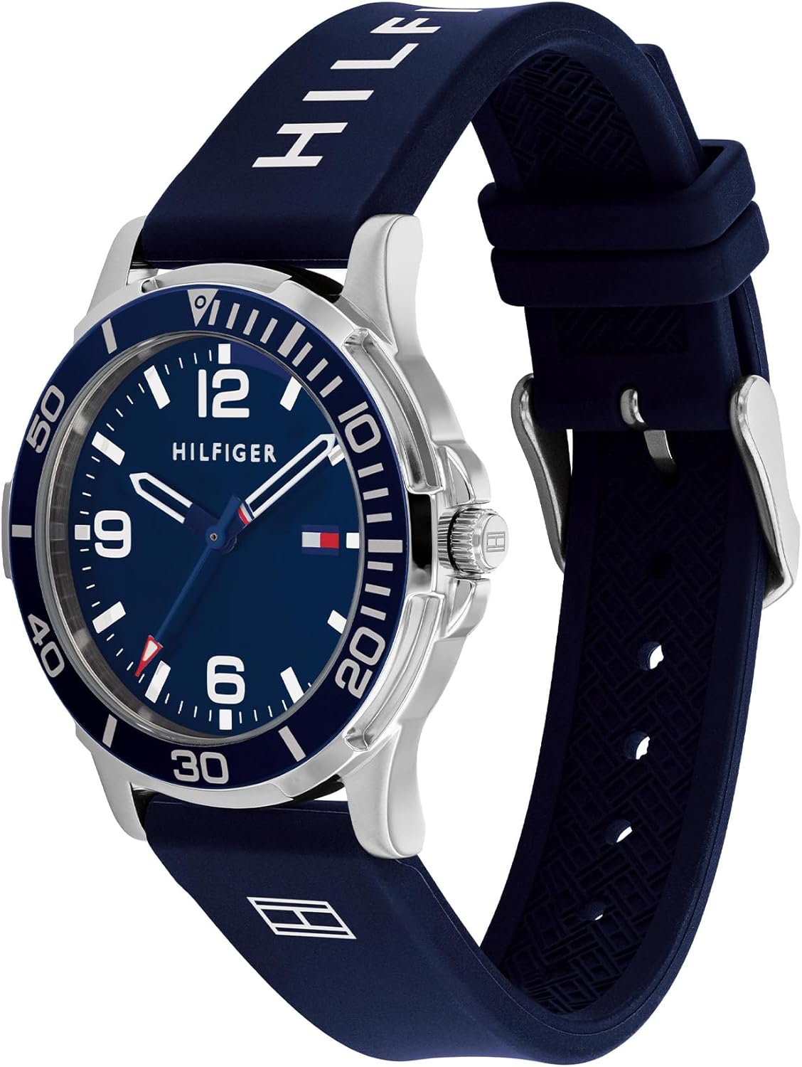 Tommy Hilfiger Reloj para Niño con Esfera Azul, Correa de Silicona Azul, Caja de Acero Inoxidable de 34mm, Bisel de Aluminio, Movimiento de Cuarzo de 3 Manecillas, Resistente al Agua 5 ATM - 1720016