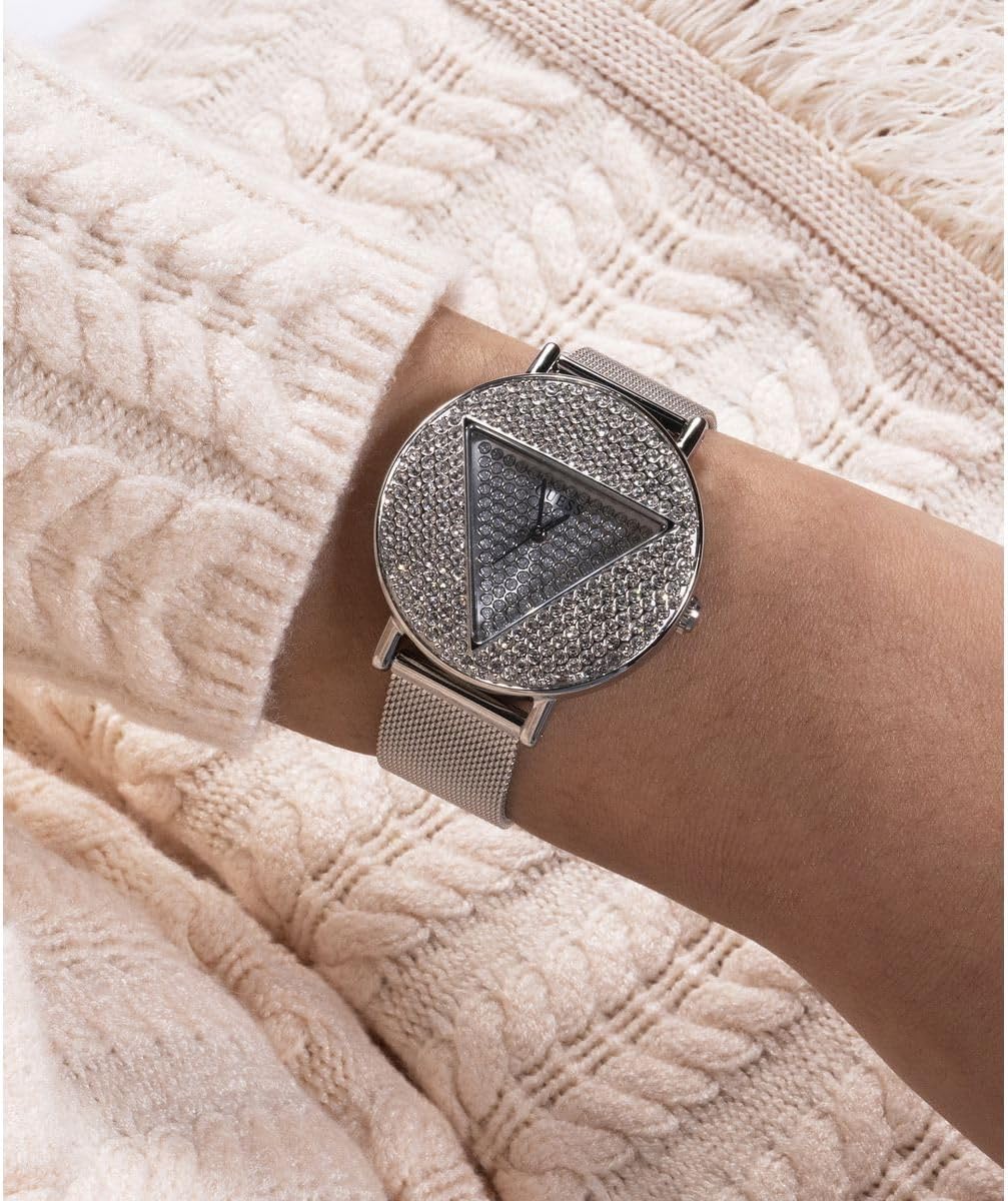 GUESS Reloj analógico con logotipo plateado para mujer de EE. UU