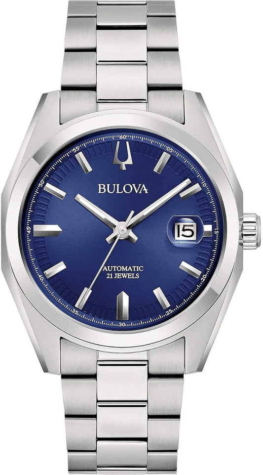 Bulova Surveyor automatic men's watch, blue background, 96B436, steel case and bracelet