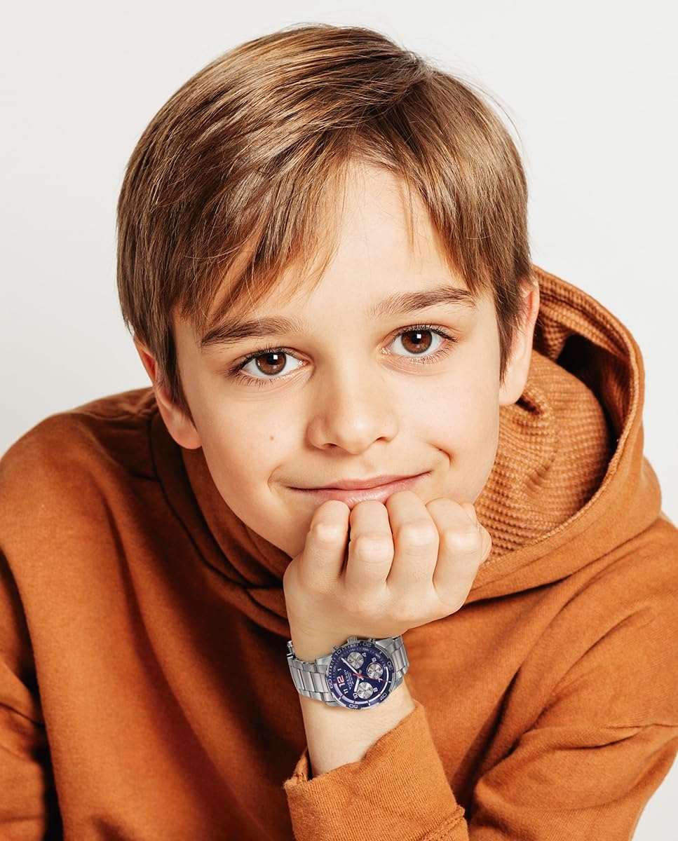Viceroy Reloj Fashion Niño Comunión 401421-34 – Caja y Brazalete de Acero, Movimiento de Cuarzo Cronógrafo, Pulsera de Acero y Piel Azul de Regalo