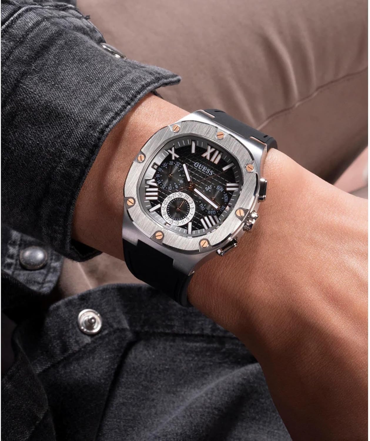 Guess Men's 42mm Watch - Black Strap Gunmetal Dial Silver Tone Case
