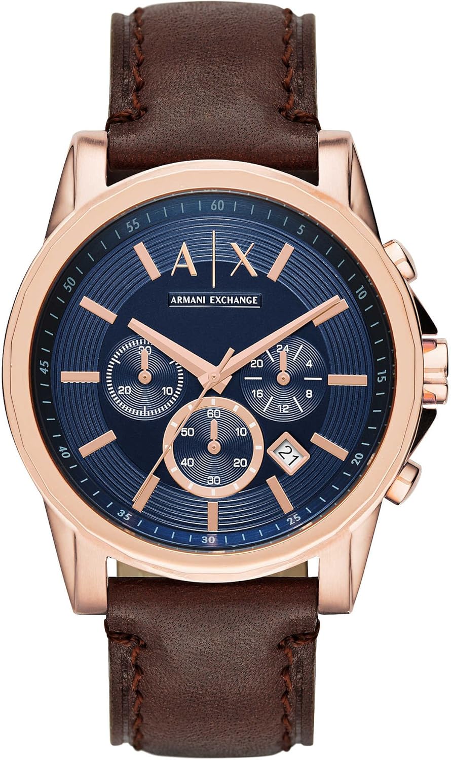Armani Exchange Reloj Hombre, Movimiento Cronógrafo Cuarzo, 45mm Caja de acero inoxidable plateado con correa de piel, AX2501