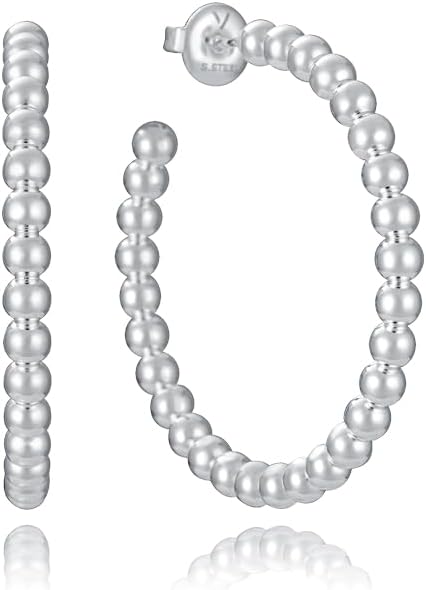 Pendientes Viceroy Mujer 14319E01000 – Aros Abiertos Grandes de Acero Chapado en Plata 999 con Diseño de Bolas, 3.5 cm, Colección Laura Escanes