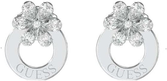 Guess Pendientes Lily Plateados – Argollas de Acero con Flor de Lirio en Cristales Blancos