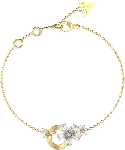 GUESS Pulsera Lily Dorada de Acero – Brazalete Doble con Flor de Lirio en Cristales Blancos