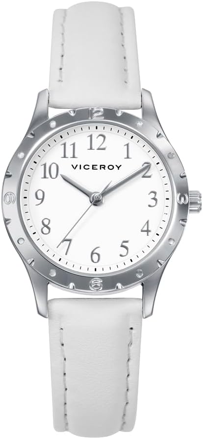 Viceroy Reloj Fashion Niña Comunión 401282-04 – Caja de Acero, Correa de Piel Blanca, Movimiento de Cuarzo, Pulsera de Plata con Cordón Rosa de Regalo