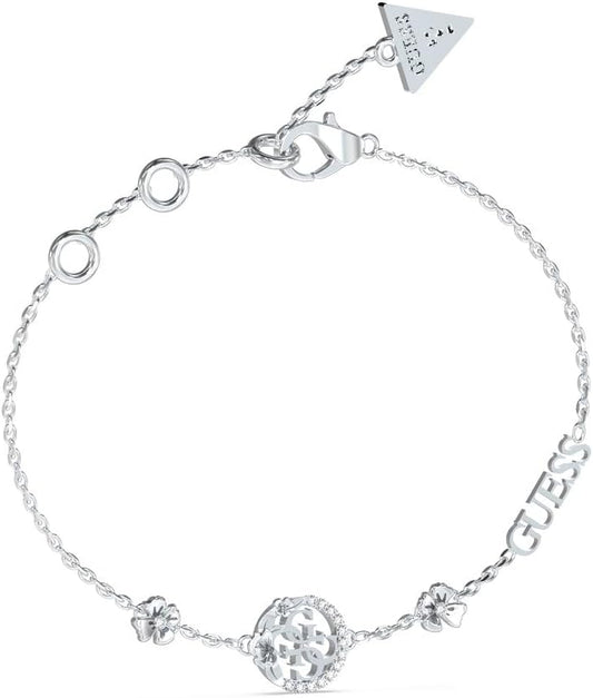 GUESS Pulsera 4 Love Plateada – Brazalete de Acero con Logo 4G, Flores y Cristales Blancos