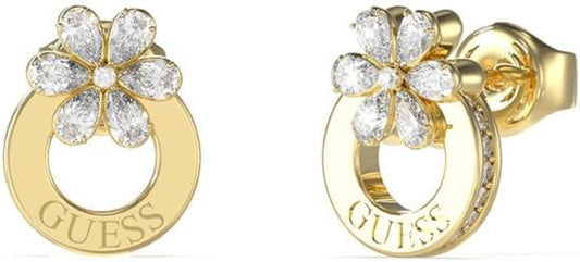 Guess Pendientes Lily Dorados – Argollas de Acero con Flor de Lirio en Cristales Blancos