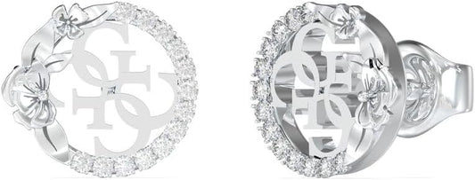 Guess Pendientes 4 Love Plateados – Botón con Logo 4G, Flores y Cristales Blancos
