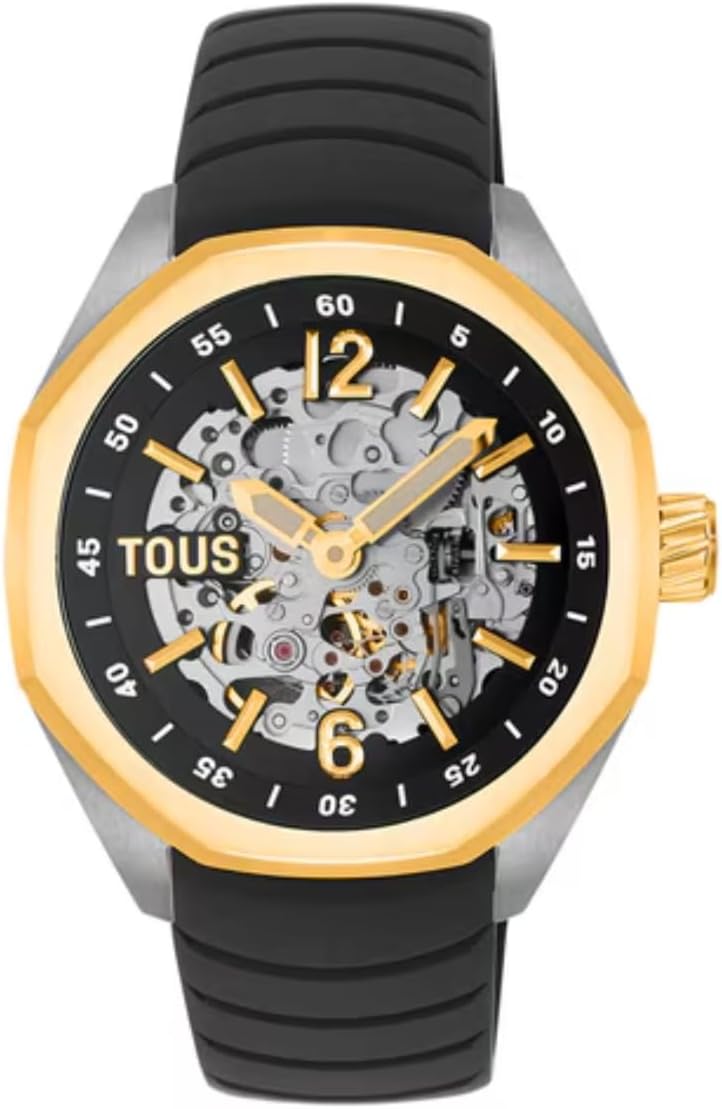 TOUS Reloj Now analógico automático con Caja de Acero IPG Dorado y Brazalete de Silicona Negra Ref. 3000138300