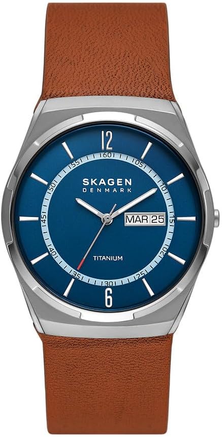 Skagen Melbye Titanium Reloj para Hombre, Movimiento de Cuarzo a Tres Agujas con Correa de Acero o Piel